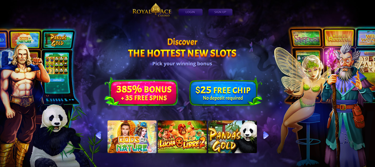 Royal Ace | 385% + 35 Free Spins  | $25 Free Chip